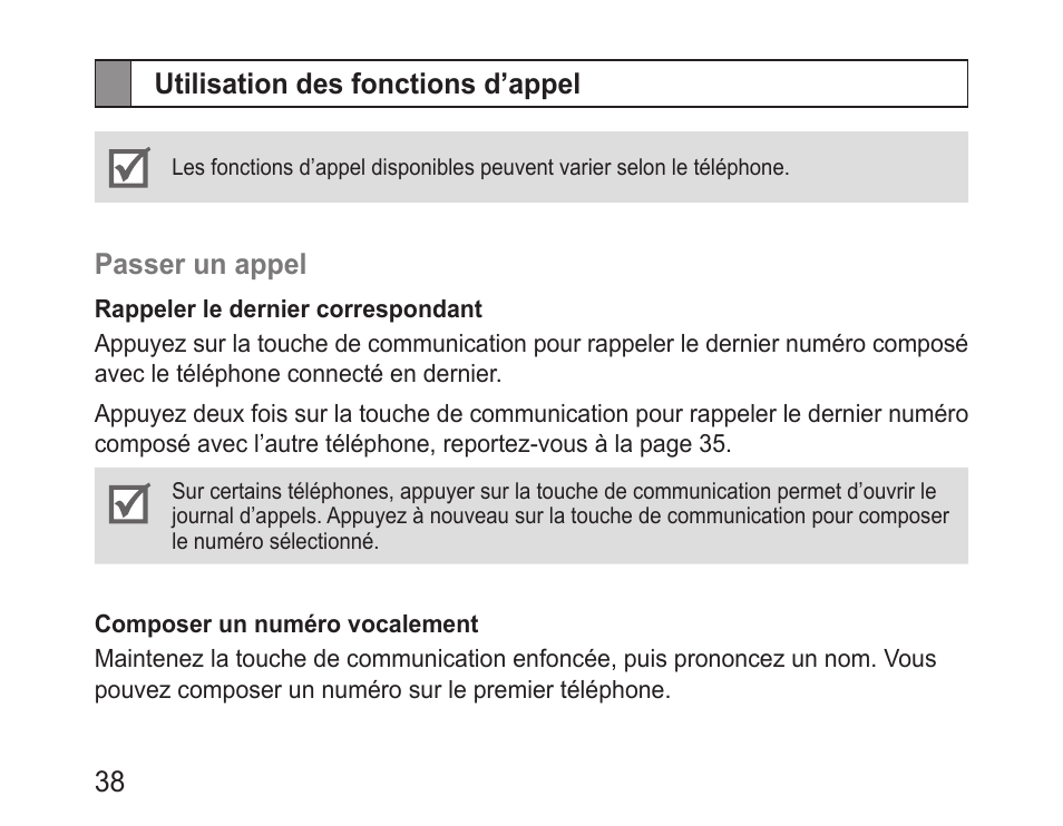 Utilisation des fonctions d’appel | Samsung BHM1100 User Manual | Page 40 / 125