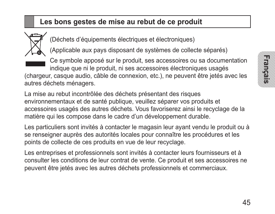 Les bons gestes de mise au rebut de ce produit | Samsung BHM1100 User Manual | Page 47 / 125