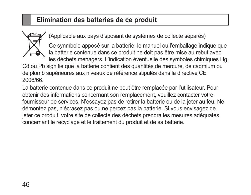 Elimination des batteries de ce produit | Samsung BHM1100 User Manual | Page 48 / 125