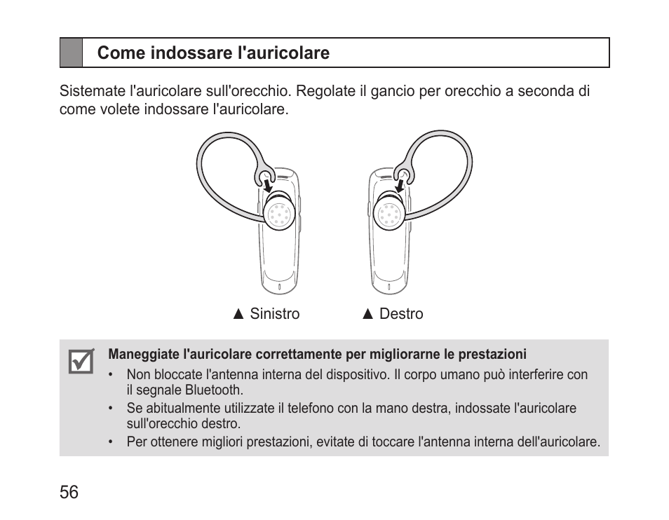 Come indossare l'auricolare | Samsung BHM1100 User Manual | Page 58 / 125