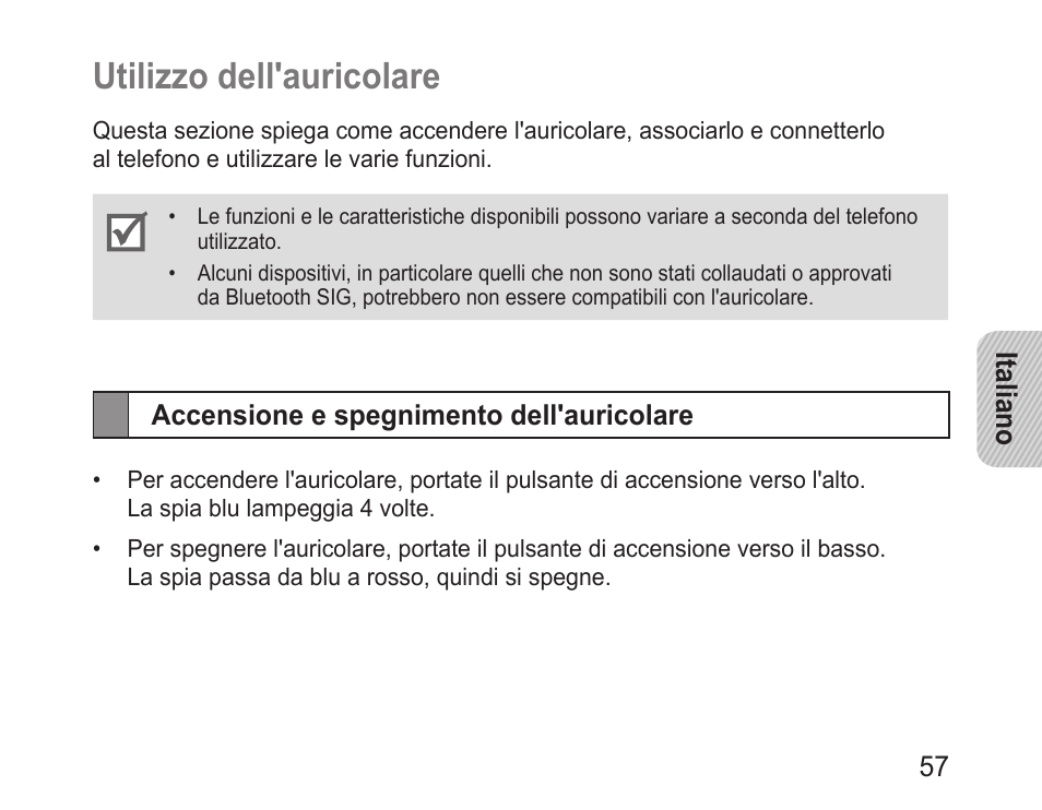 Utilizzo dell'auricolare, Accensione e spegnimento dell'auricolare | Samsung BHM1100 User Manual | Page 59 / 125