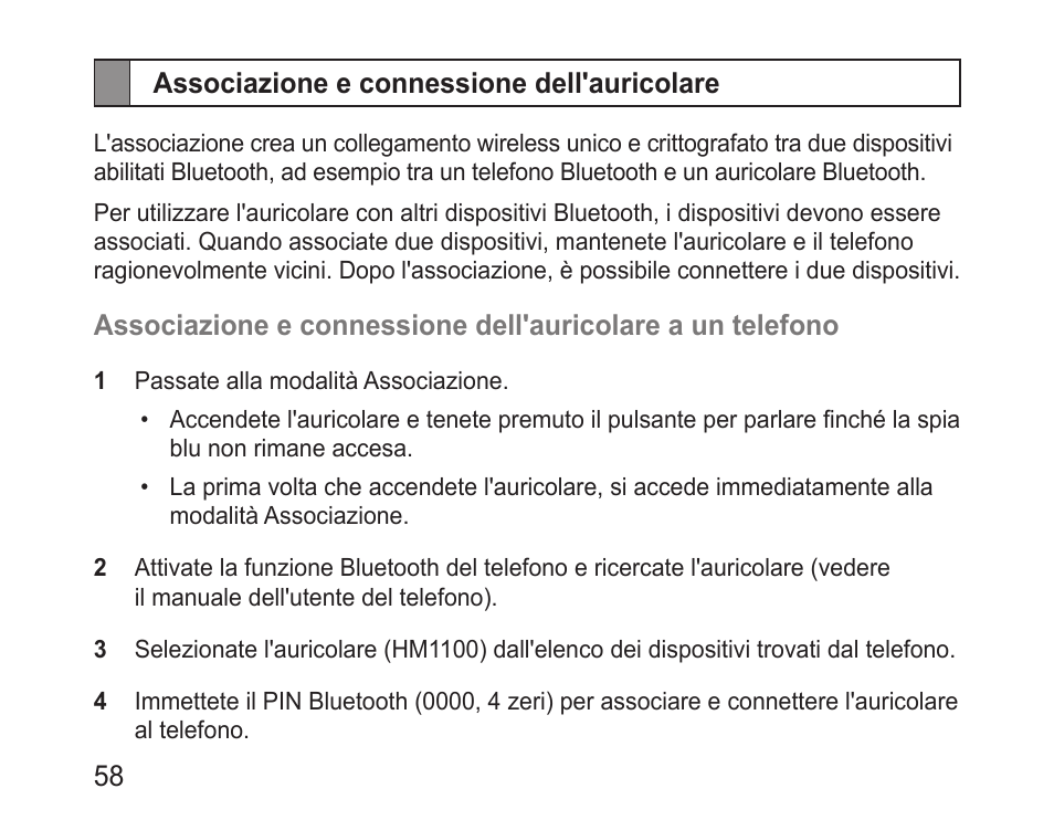 Associazione e connessione dell'auricolare | Samsung BHM1100 User Manual | Page 60 / 125