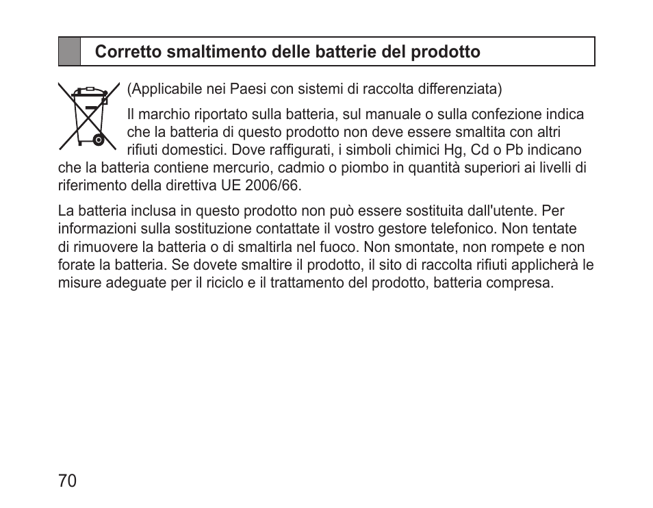Corretto smaltimento delle batterie del prodotto | Samsung BHM1100 User Manual | Page 72 / 125