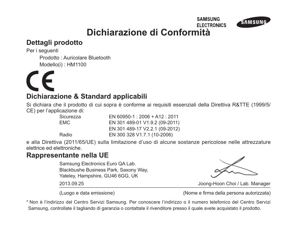 Dichiarazione di conformità, Dettagli prodotto, Dichiarazione & standard applicabili | Rappresentante nella ue | Samsung BHM1100 User Manual | Page 74 / 125