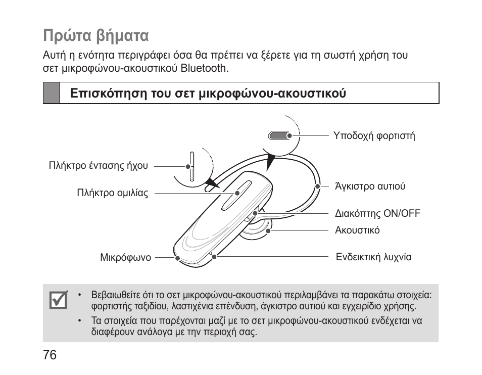 Πρώτα βήματα, Επισκόπηση του σετ μικροφώνου-ακουστικού | Samsung BHM1100 User Manual | Page 78 / 125