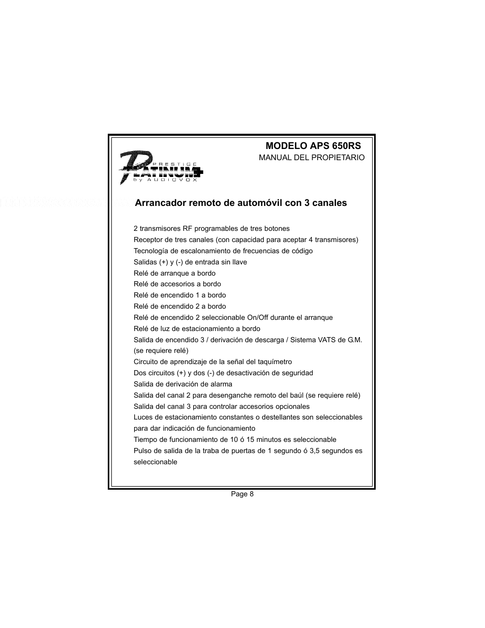 Modelo aps 650rs, Arrancador remoto de automóvil con 3 canales | Audiovox APS 650RS User Manual | Page 9 / 12
