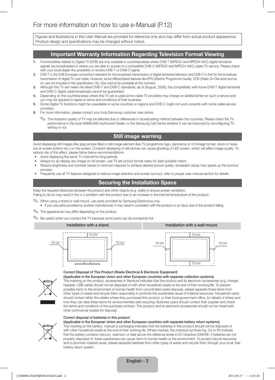 For more information on how to use e-manual (p.12), Still image warning, Securing the installation space | Samsung UE32D4000NW User Manual | Page 2 / 65