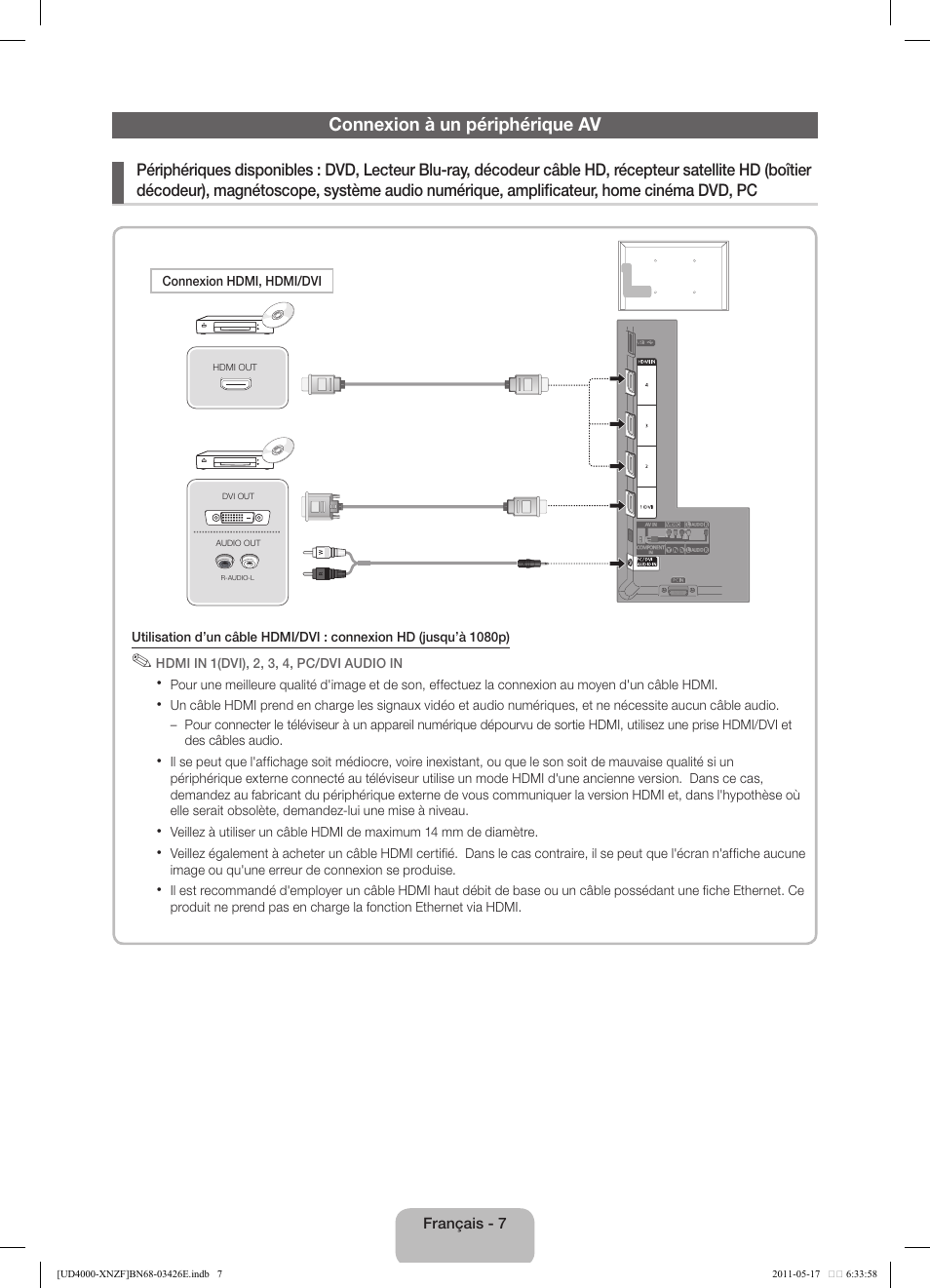 Connexion à un périphérique av | Samsung UE32D4000NW User Manual | Page 23 / 65