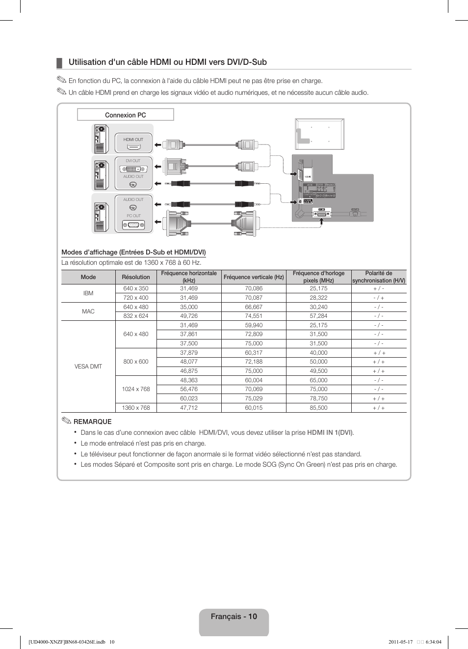 Utilisation d'un câble hdmi ou hdmi vers dvi/d-sub | Samsung UE32D4000NW User Manual | Page 26 / 65