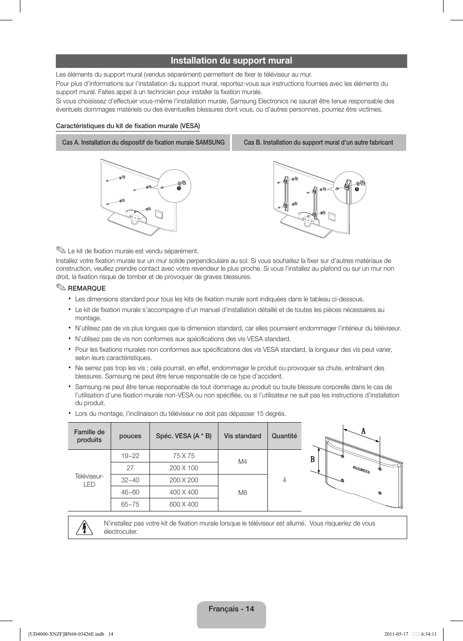 Installation du support mural | Samsung UE32D4000NW User Manual | Page 30 / 65