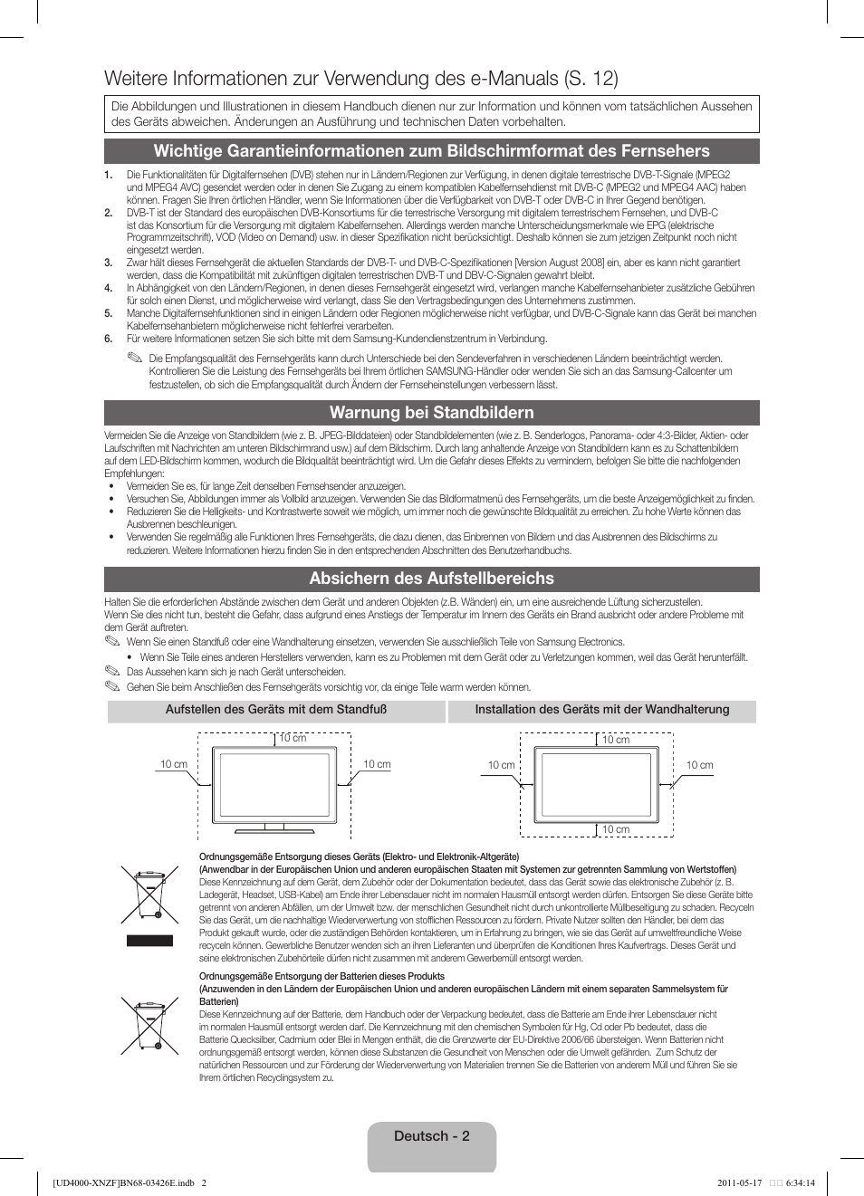 Warnung bei standbildern, Absichern des aufstellbereichs | Samsung UE32D4000NW User Manual | Page 34 / 65