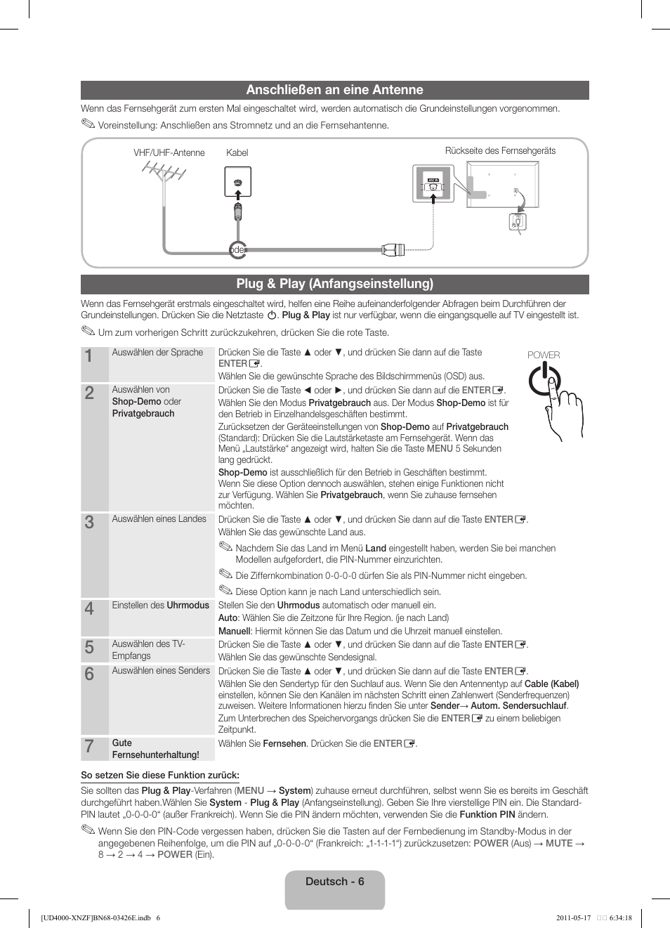 Anschließen an eine antenne, Plug & play (anfangseinstellung) | Samsung UE32D4000NW User Manual | Page 38 / 65