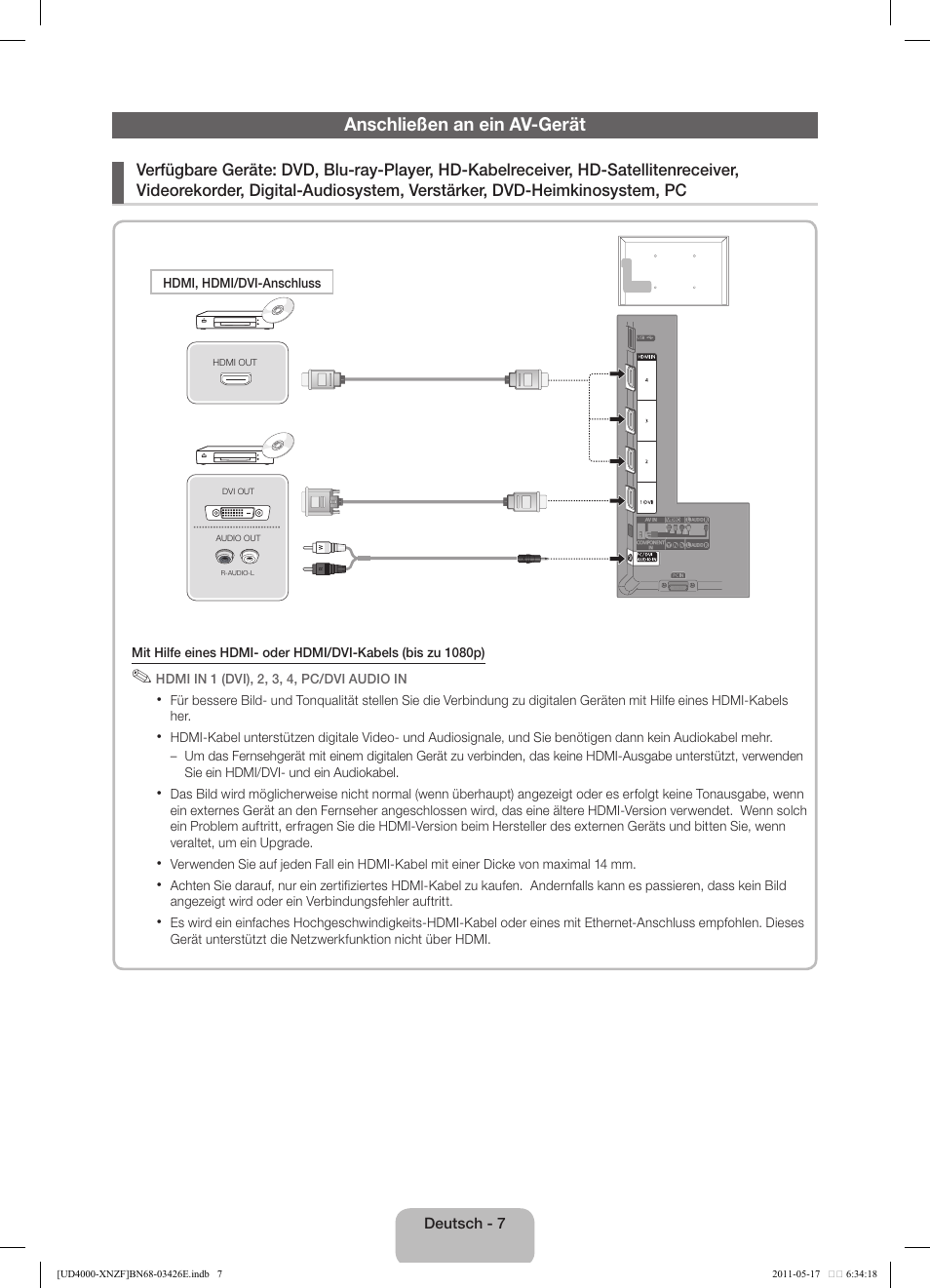 Anschließen an ein av-gerät | Samsung UE32D4000NW User Manual | Page 39 / 65