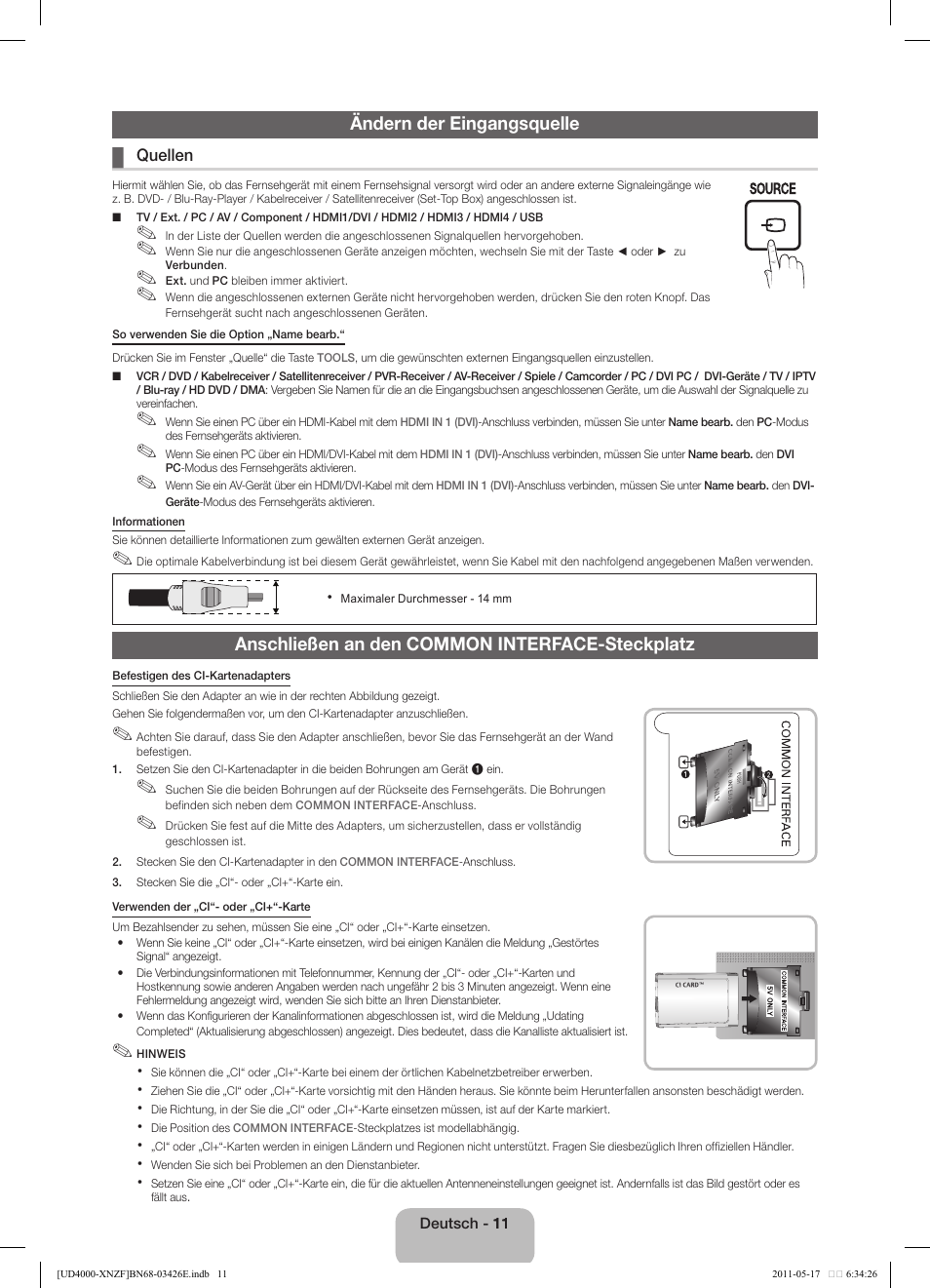 Ändern der eingangsquelle, Anschließen an den common interface-steckplatz | Samsung UE32D4000NW User Manual | Page 43 / 65