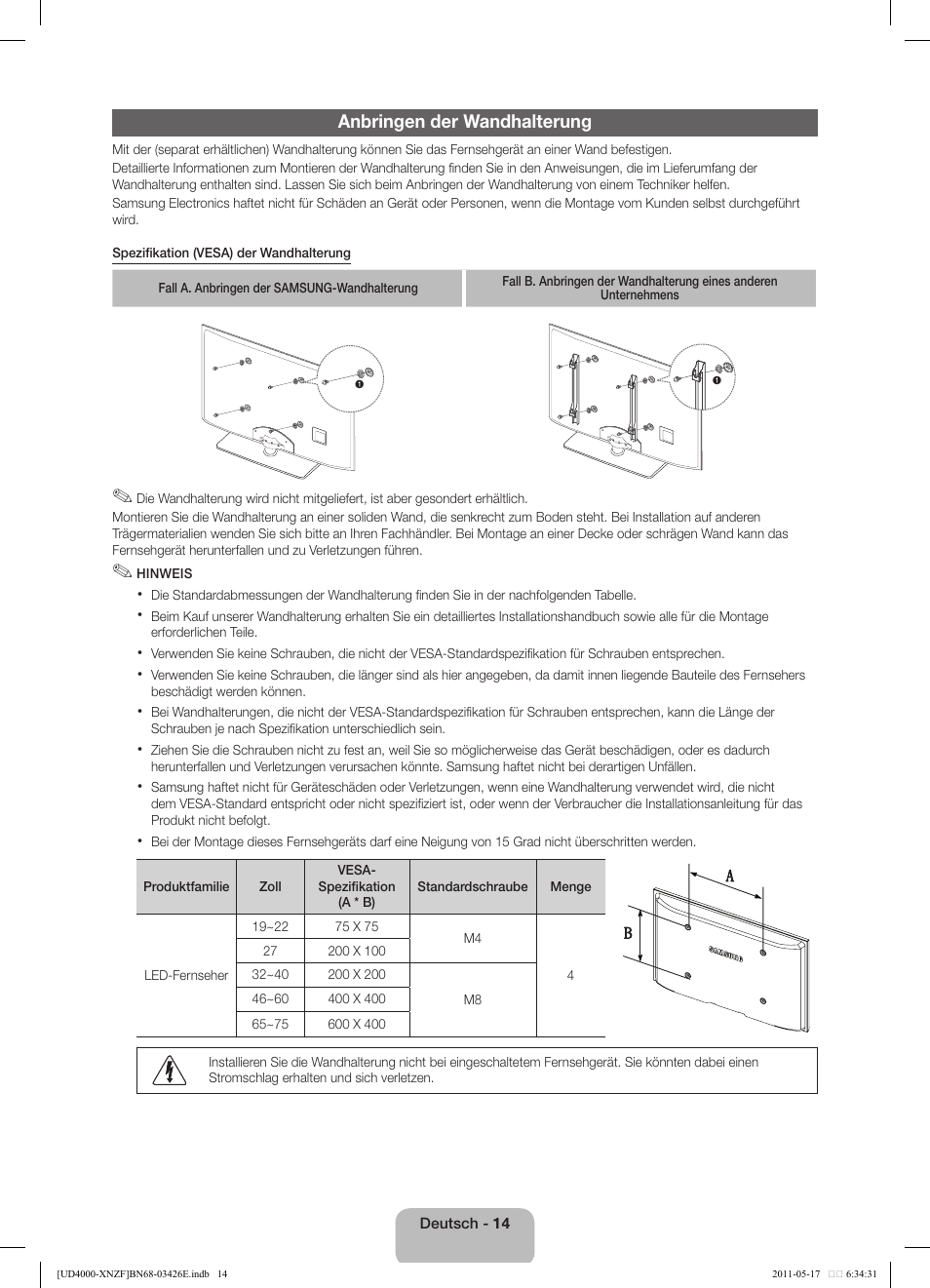 Anbringen der wandhalterung | Samsung UE32D4000NW User Manual | Page 46 / 65