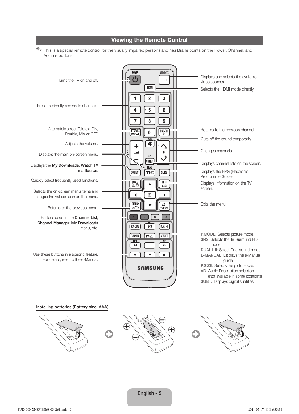 Viewing the remote control | Samsung UE32D4000NW User Manual | Page 5 / 65