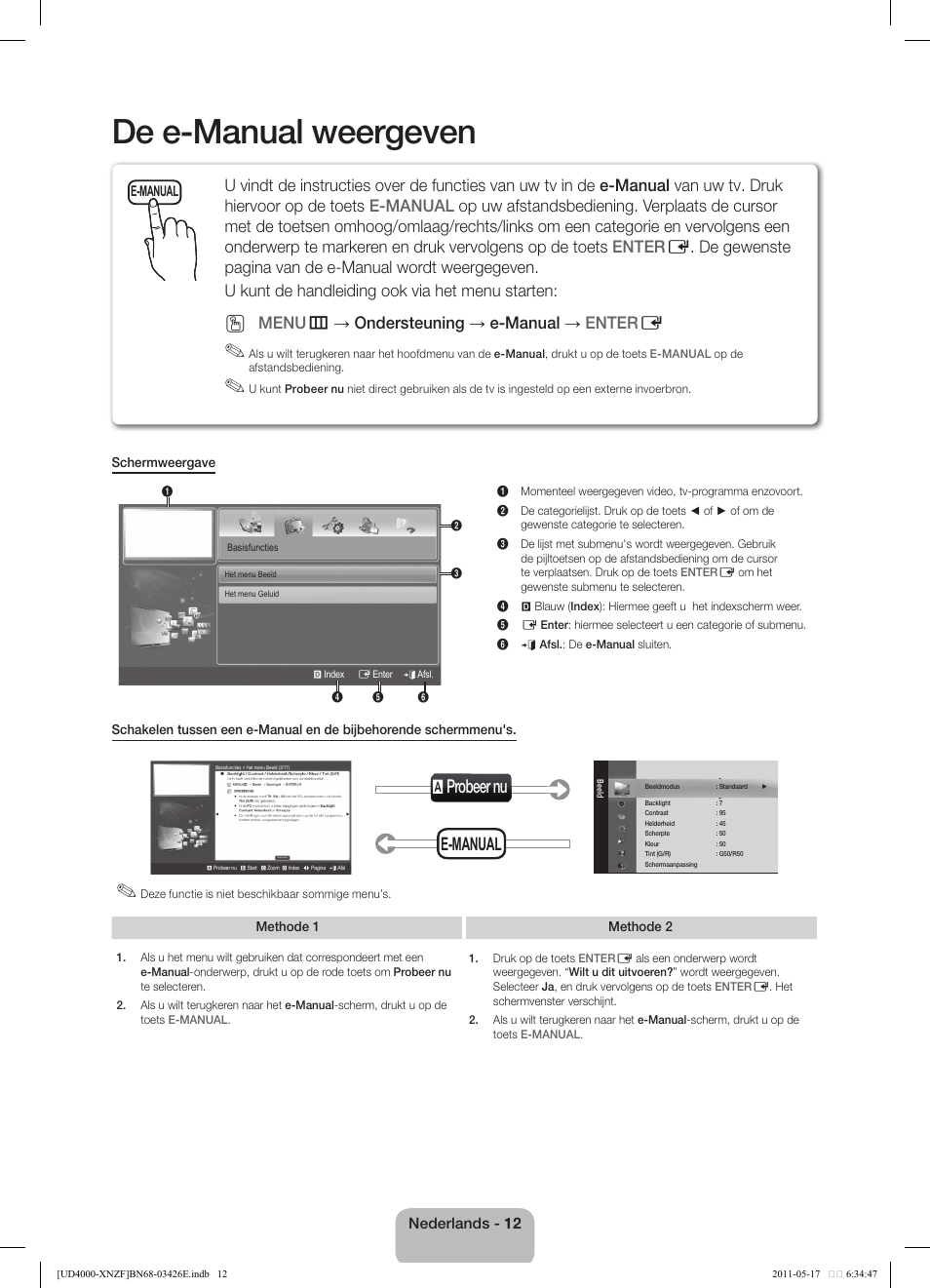 De e-manual weergeven, A probeer nu, E-manual | Menu m → ondersteuning → e-manual → enter e | Samsung UE32D4000NW User Manual | Page 60 / 65