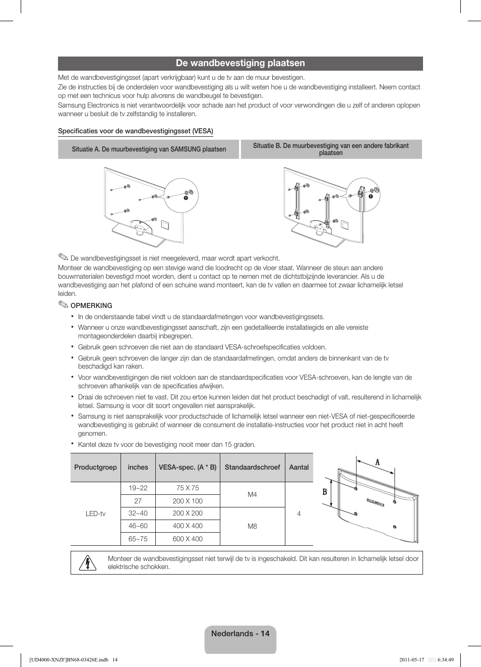 De wandbevestiging plaatsen | Samsung UE32D4000NW User Manual | Page 62 / 65