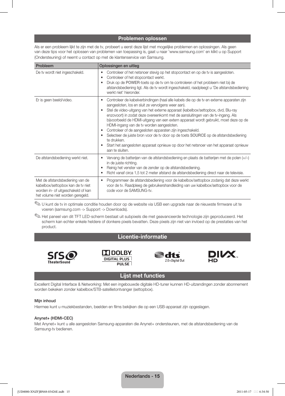 Licentie-informatie lijst met functies | Samsung UE32D4000NW User Manual | Page 63 / 65