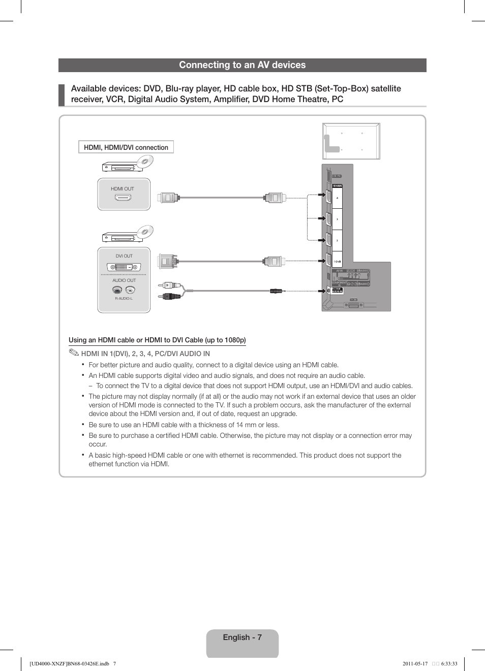 Connecting to an av devices | Samsung UE32D4000NW User Manual | Page 7 / 65