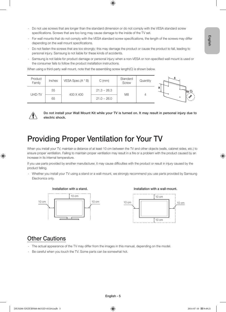 Providing proper ventilation for your tv, Other cautions | Samsung UE55HU8200L User Manual | Page 5 / 97