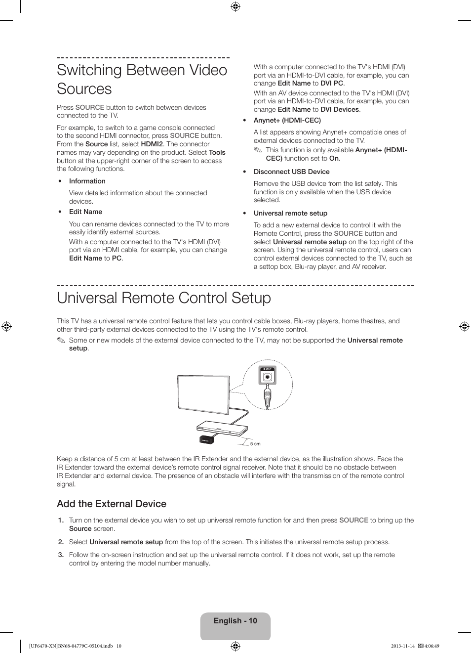 Switching between video sources, Universal remote control setup, Add the external device | Samsung UE46F6510SS User Manual | Page 10 / 97