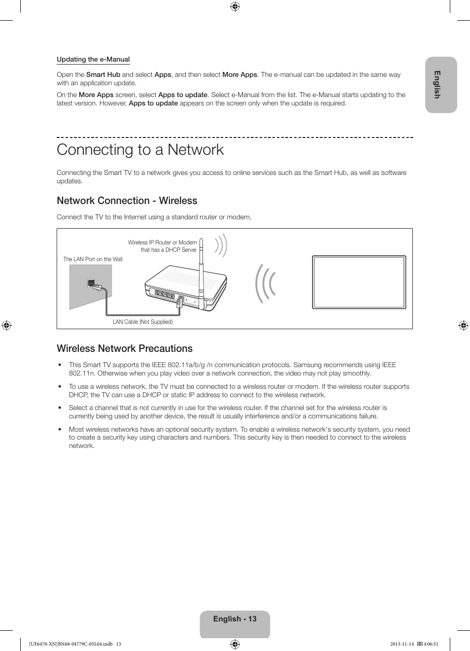 Connecting to a network, Network connection - wireless, Wireless network precautions | Samsung UE46F6510SS User Manual | Page 13 / 97