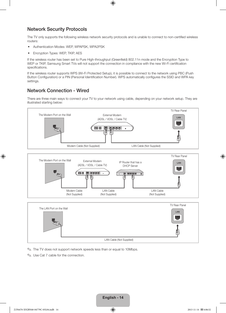 Network security protocols, Network connection - wired | Samsung UE46F6510SS User Manual | Page 14 / 97