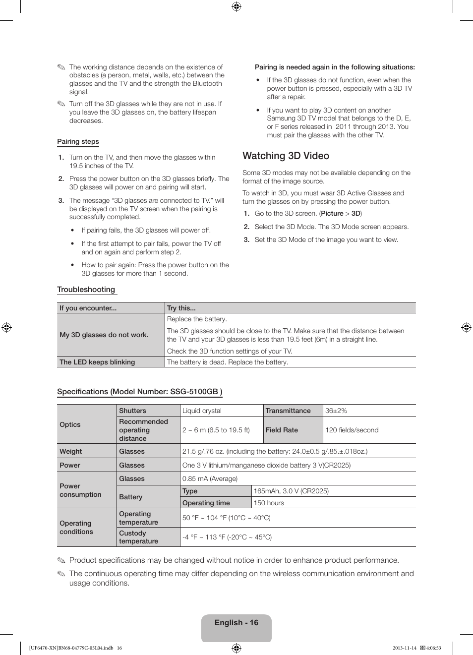 Watching 3d video | Samsung UE46F6510SS User Manual | Page 16 / 97