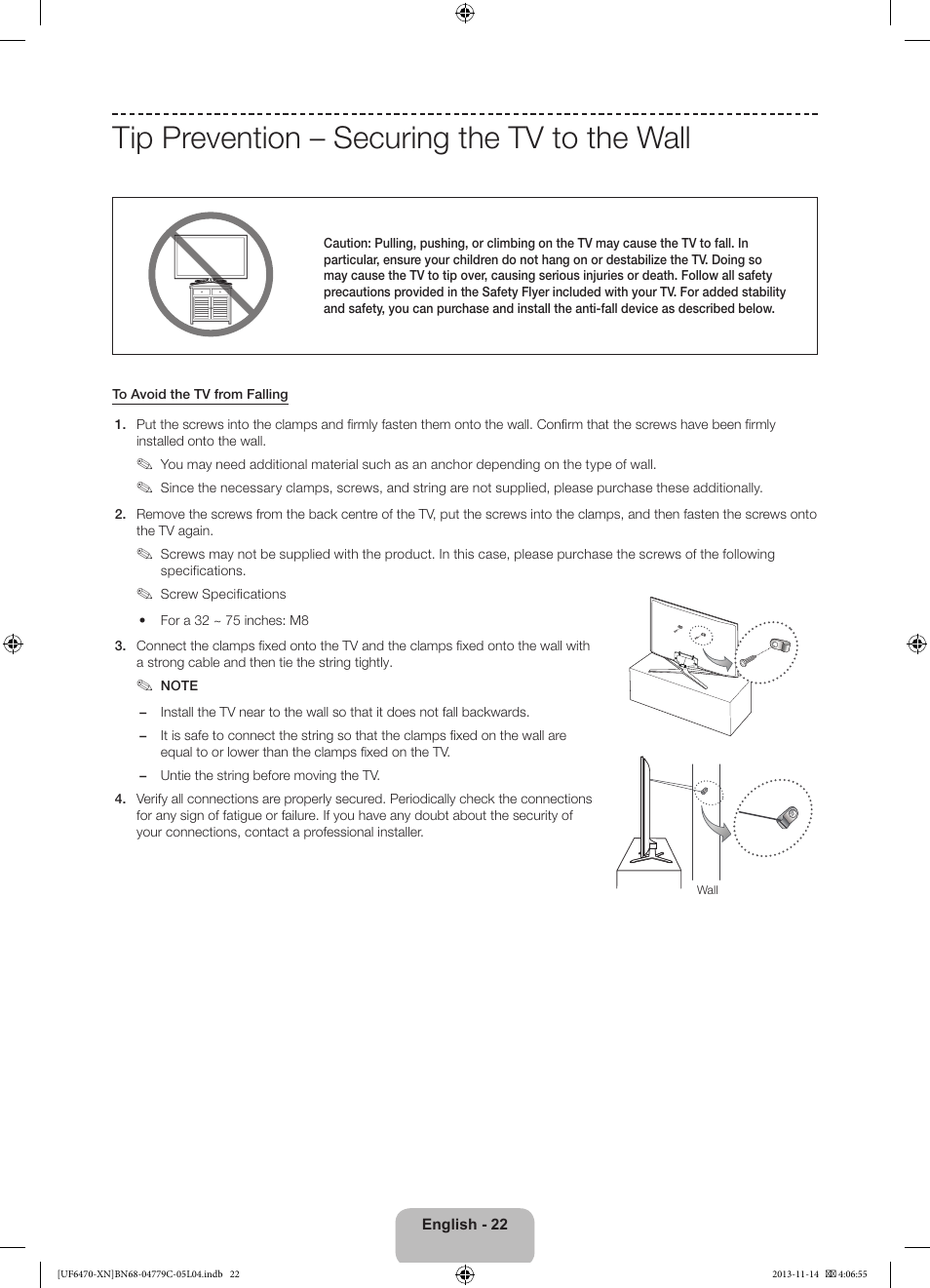 Tip prevention – securing the tv to the wall | Samsung UE46F6510SS User Manual | Page 22 / 97