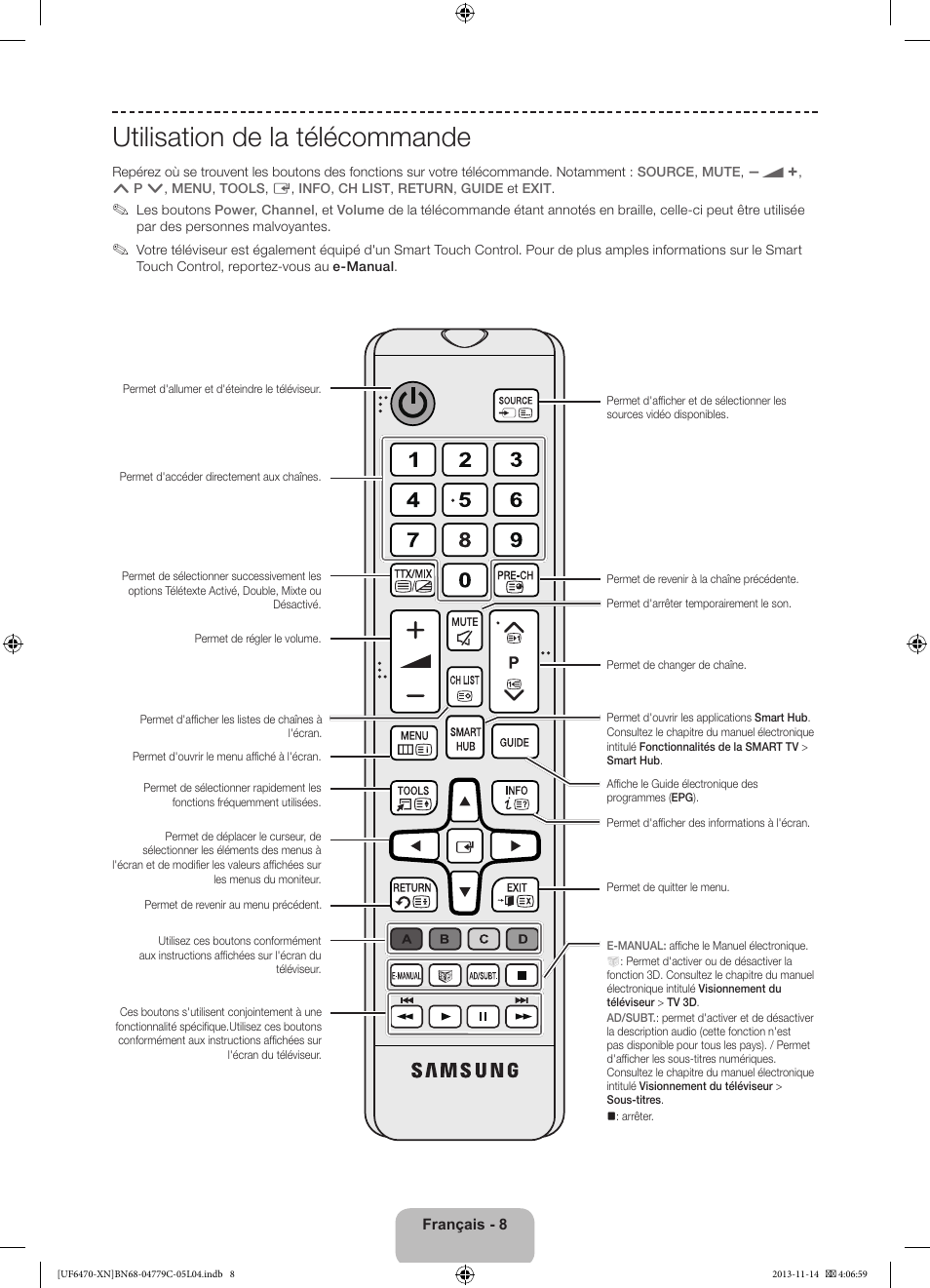 Utilisation de la télécommande | Samsung UE46F6510SS User Manual | Page 32 / 97