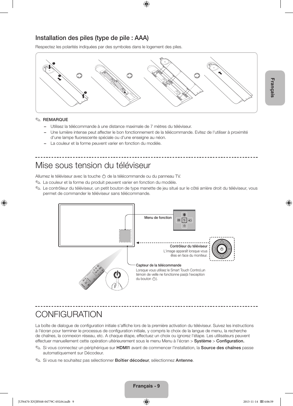 Mise sous tension du téléviseur, Configuration, Installation des piles (type de pile : aaa) | Samsung UE46F6510SS User Manual | Page 33 / 97