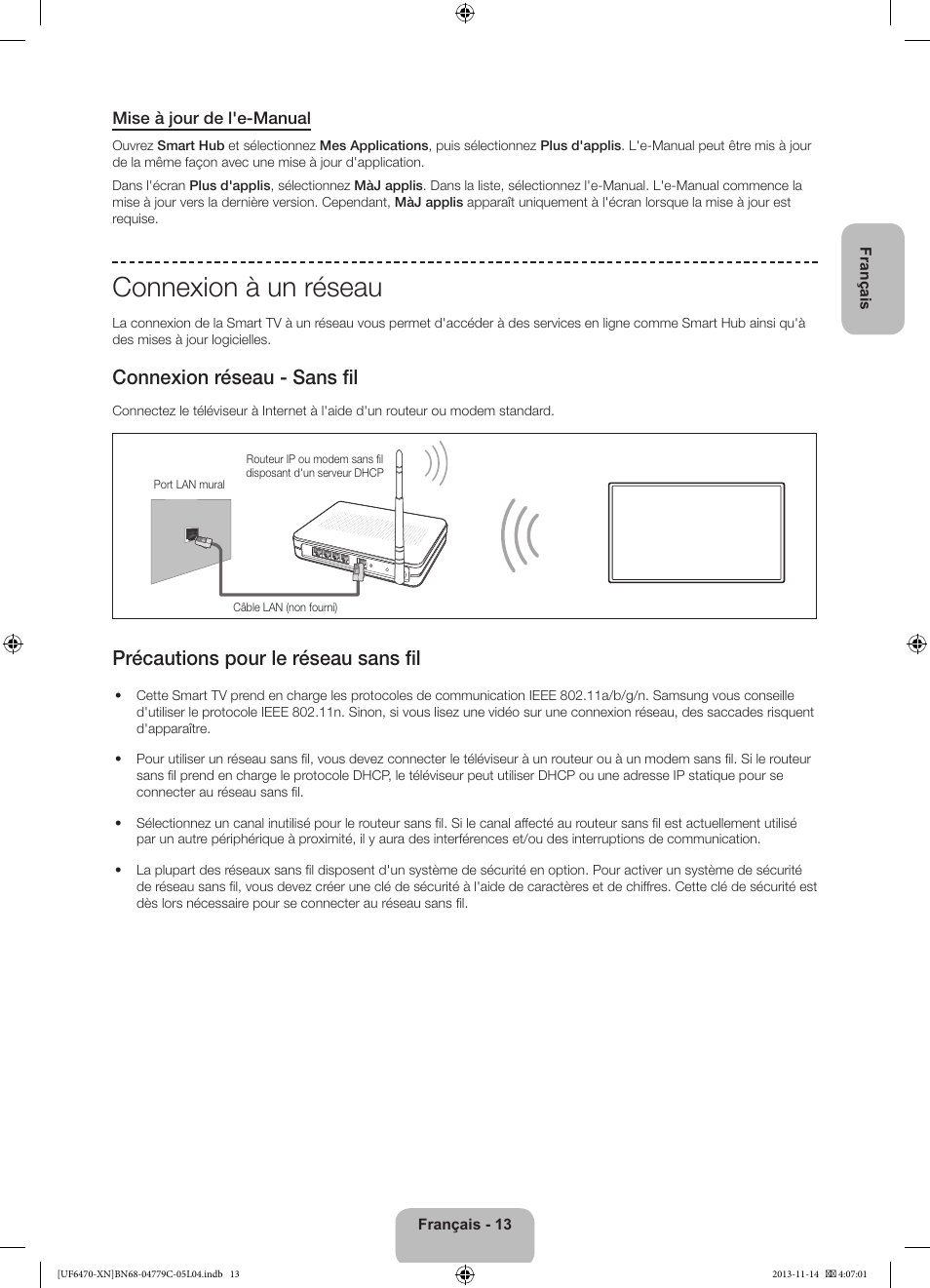 Connexion à un réseau, Connexion réseau - sans fil, Précautions pour le réseau sans fil | Samsung UE46F6510SS User Manual | Page 37 / 97