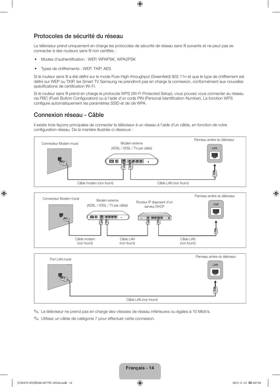 Protocoles de sécurité du réseau, Connexion réseau - câble | Samsung UE46F6510SS User Manual | Page 38 / 97