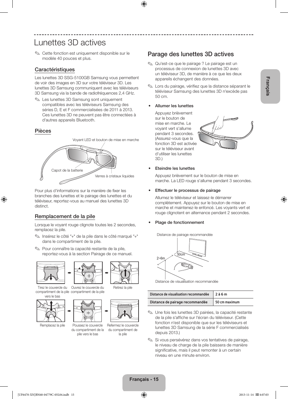 Lunettes 3d actives, Parage des lunettes 3d actives | Samsung UE46F6510SS User Manual | Page 39 / 97