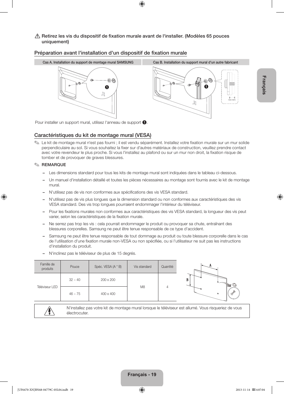 Caractéristiques du kit de montage mural (vesa) | Samsung UE46F6510SS User Manual | Page 43 / 97