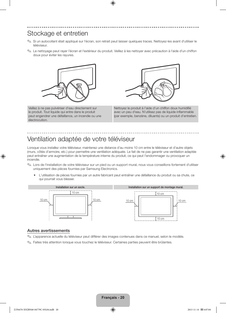 Stockage et entretien, Ventilation adaptée de votre téléviseur | Samsung UE46F6510SS User Manual | Page 44 / 97