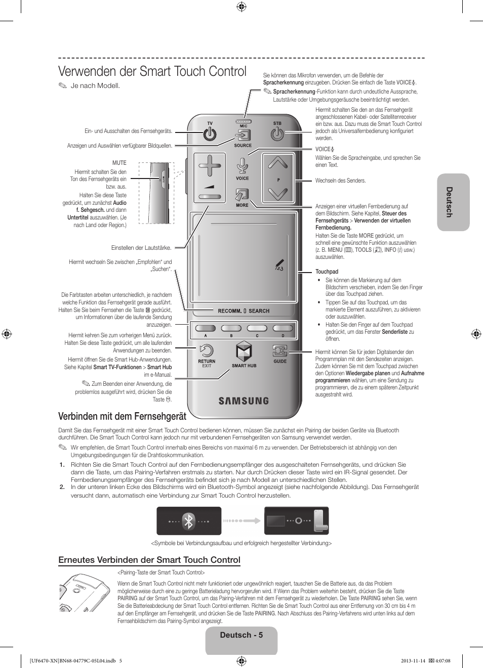 Verwenden der smart touch control, Verbinden mit dem fernsehgerät, Erneutes verbinden der smart touch control | Samsung UE46F6510SS User Manual | Page 53 / 97