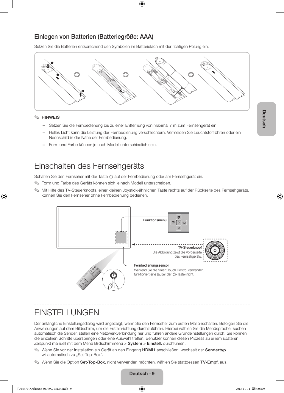 Einschalten des fernsehgeräts, Einstellungen, Einlegen von batterien (batteriegröße: aaa) | Samsung UE46F6510SS User Manual | Page 57 / 97