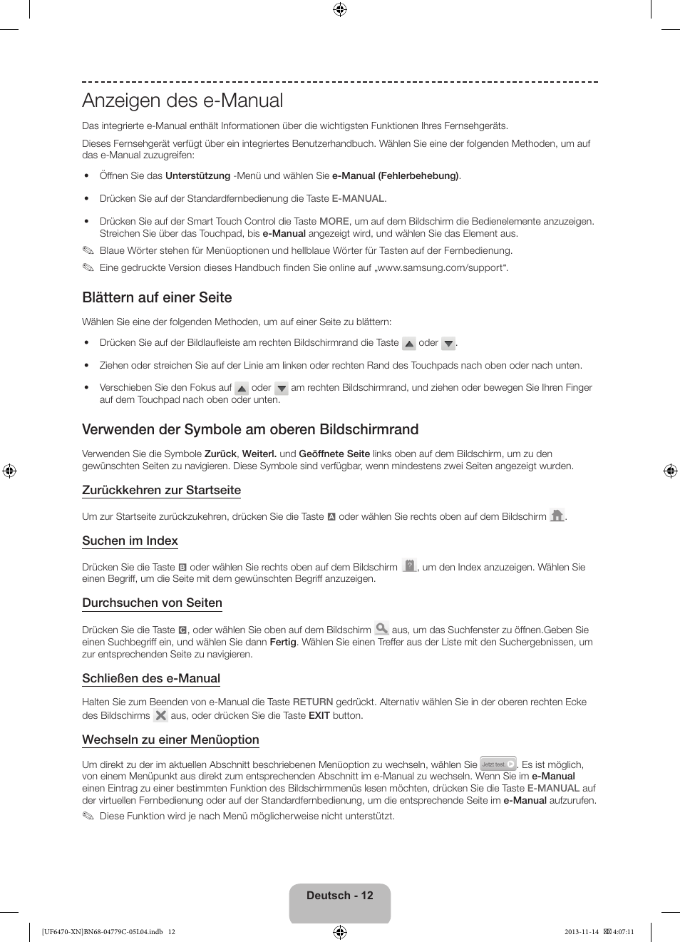 Anzeigen des e-manual, Blättern auf einer seite, Verwenden der symbole am oberen bildschirmrand | Samsung UE46F6510SS User Manual | Page 60 / 97