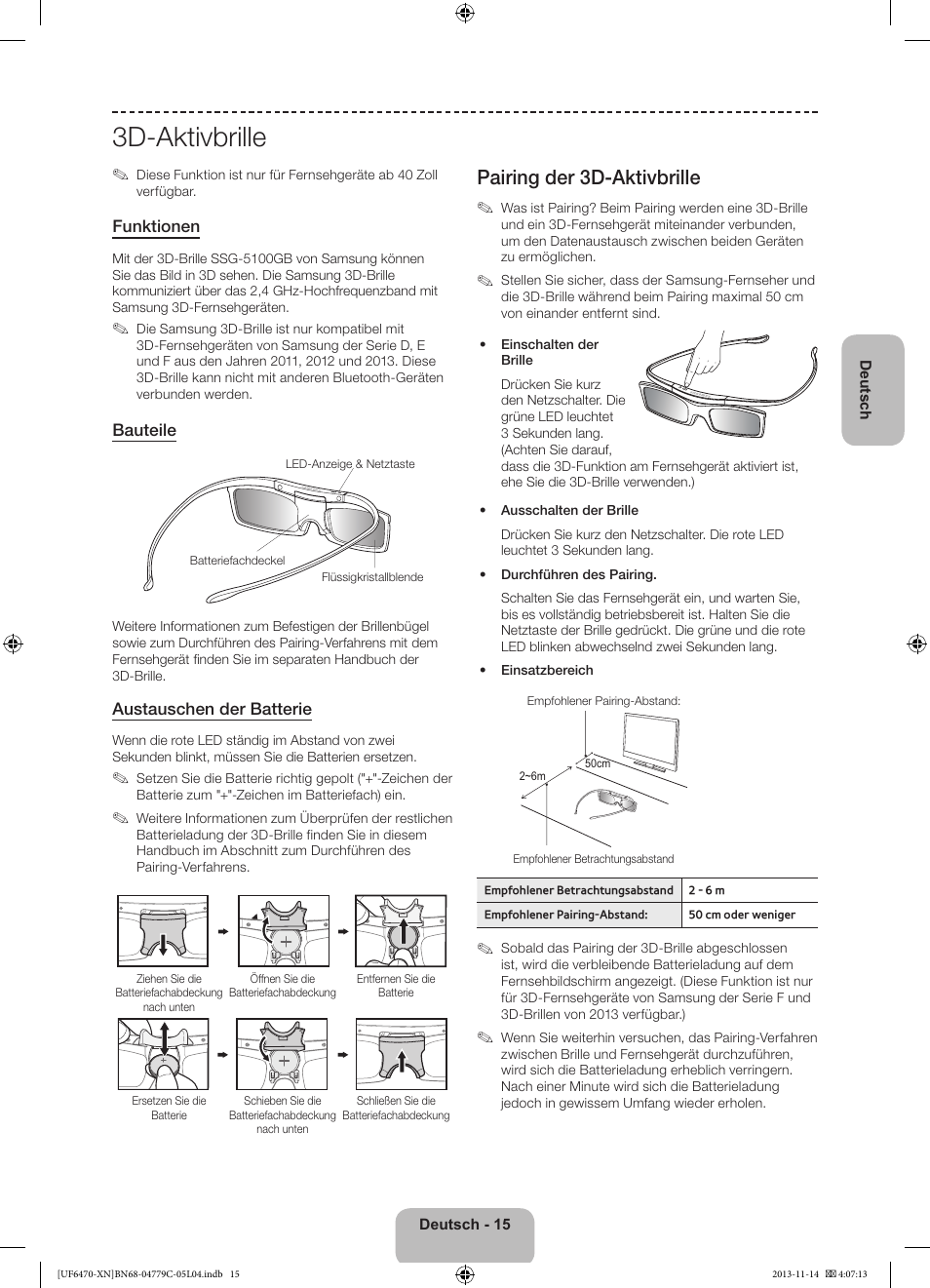 3d-aktivbrille, Pairing der 3d-aktivbrille | Samsung UE46F6510SS User Manual | Page 63 / 97