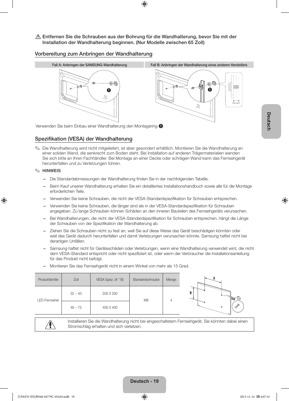 Vorbereitung zum anbringen der wandhalterung, Spezifikation (vesa) der wandhalterung | Samsung UE46F6510SS User Manual | Page 67 / 97