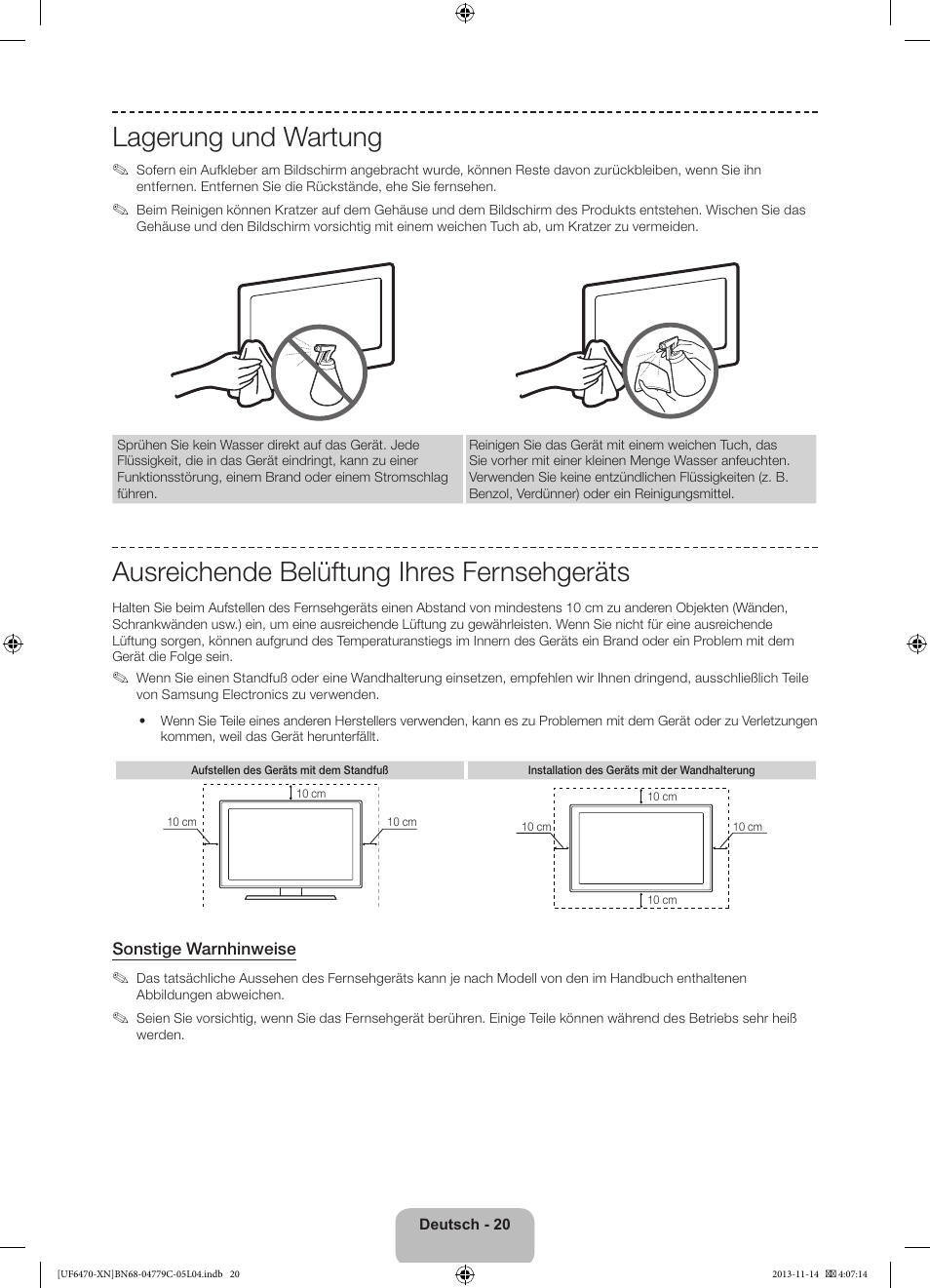 Lagerung und wartung, Ausreichende belüftung ihres fernsehgeräts | Samsung UE46F6510SS User Manual | Page 68 / 97