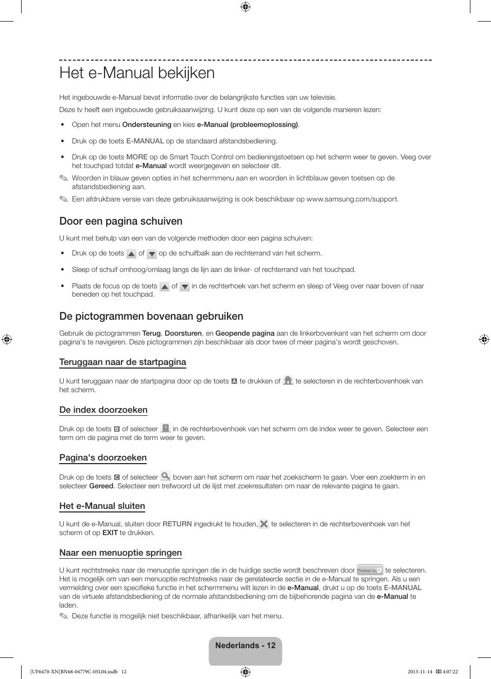 Het e-manual bekijken, Door een pagina schuiven, De pictogrammen bovenaan gebruiken | Samsung UE46F6510SS User Manual | Page 84 / 97