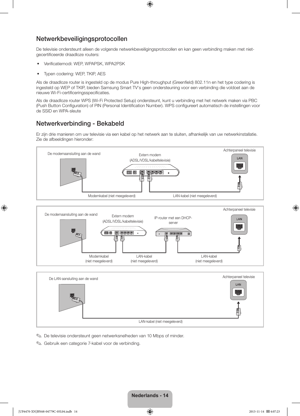 Netwerkbeveiligingsprotocollen, Netwerkverbinding - bekabeld | Samsung UE46F6510SS User Manual | Page 86 / 97