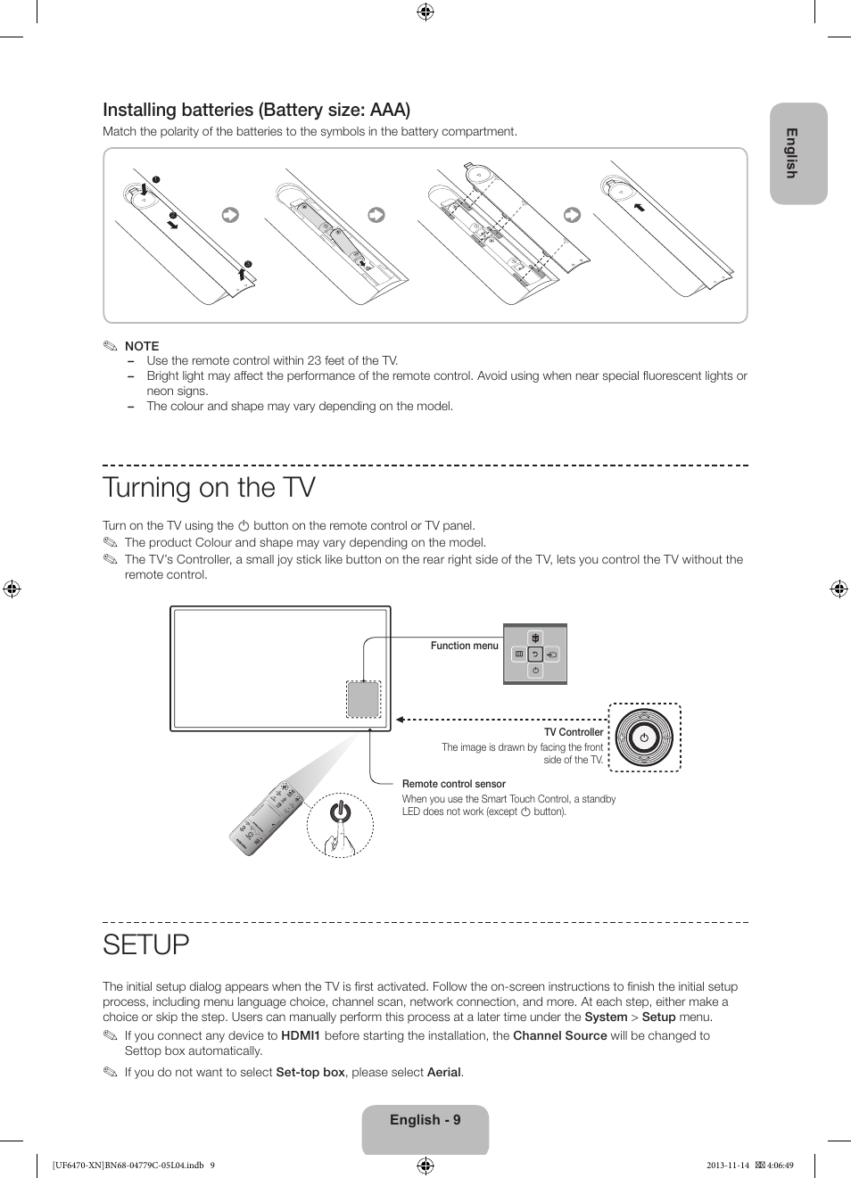 Turning on the tv, Setup, Installing batteries (battery size: aaa) | Samsung UE46F6510SS User Manual | Page 9 / 97