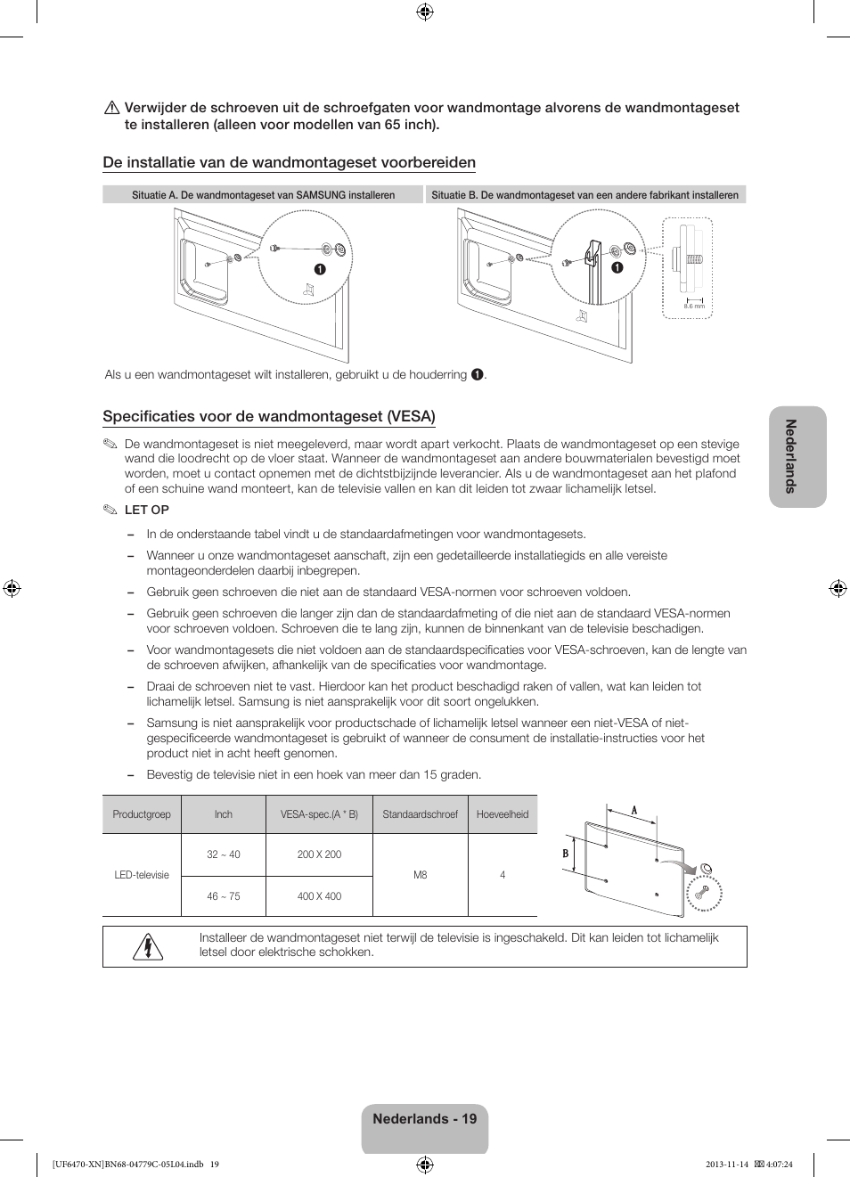 De installatie van de wandmontageset voorbereiden, Specificaties voor de wandmontageset (vesa) | Samsung UE46F6510SS User Manual | Page 91 / 97