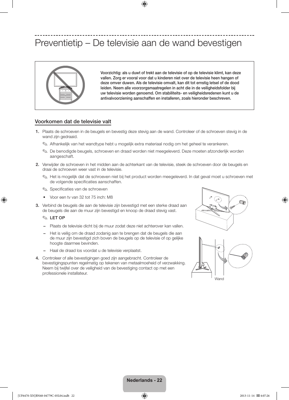 Preventietip – de televisie aan de wand bevestigen | Samsung UE46F6510SS User Manual | Page 94 / 97