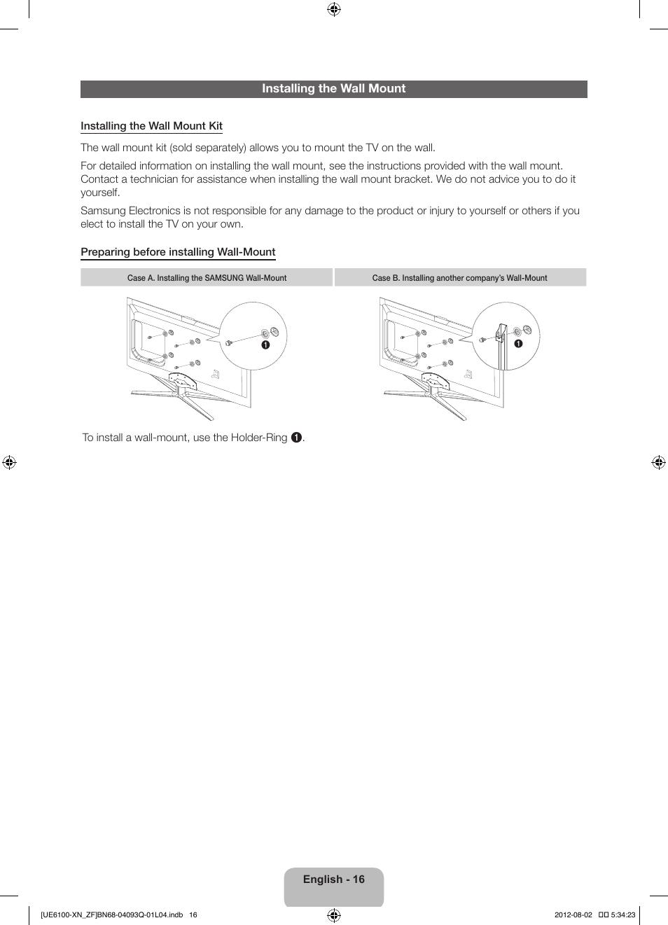 Installing the wall mount | Samsung UE46ES6100W User Manual | Page 16 / 90
