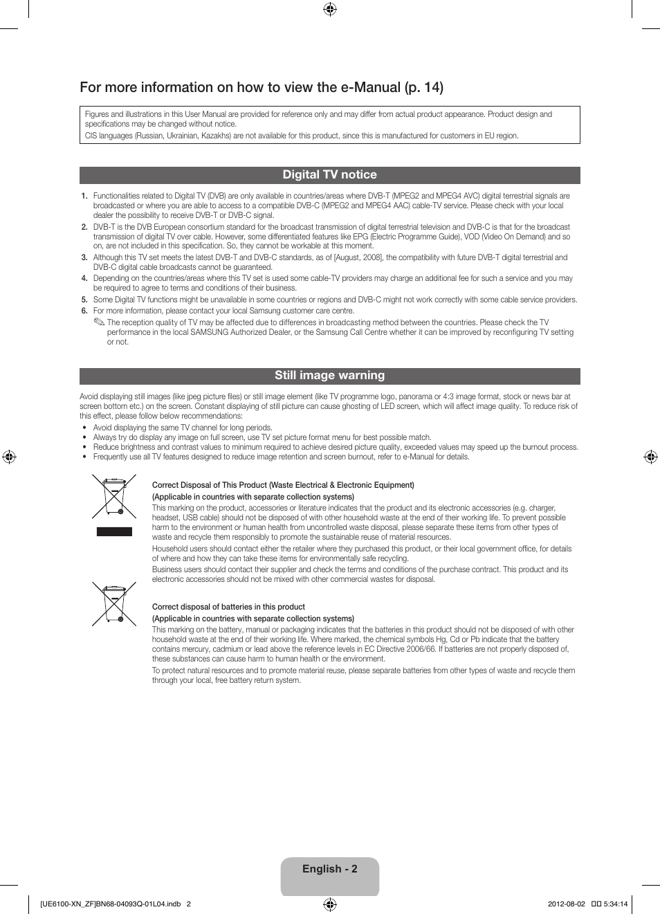 Digital tv notice, Still image warning | Samsung UE46ES6100W User Manual | Page 2 / 90